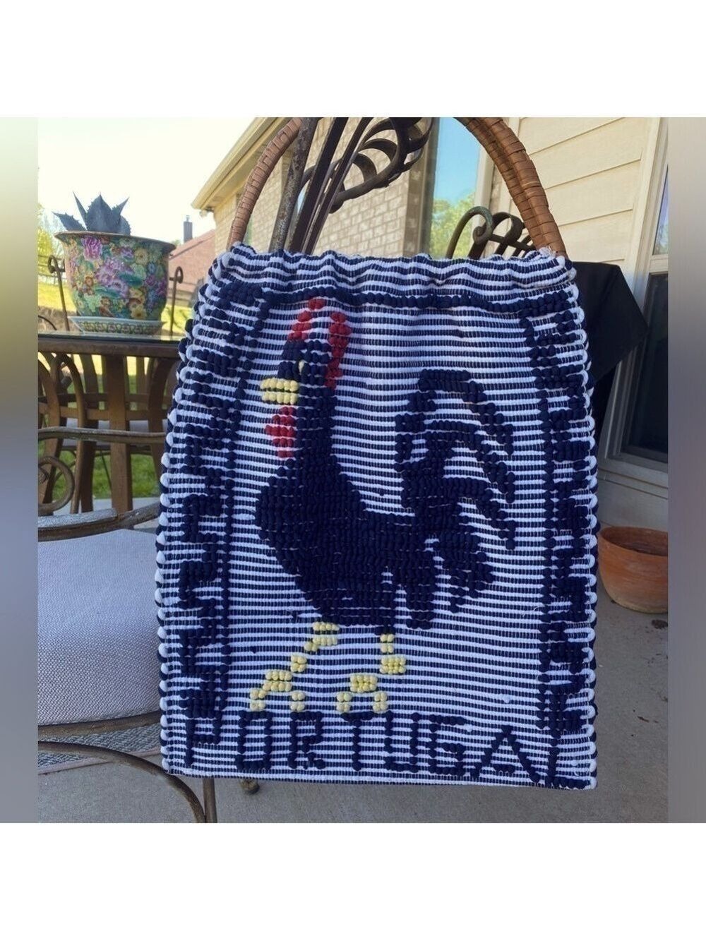 Vintage Rooster tote bag Portugal woven with rattan handle unique hand woven bag
